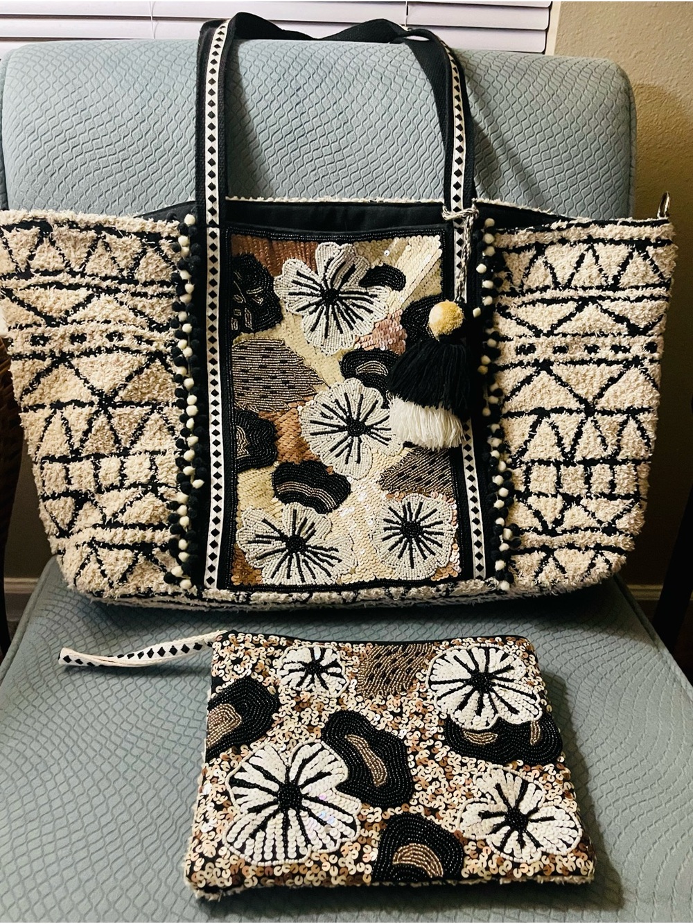 Embroidered beaded Sequin Black & Cream Floral Tote Bag with Matching Pouch
